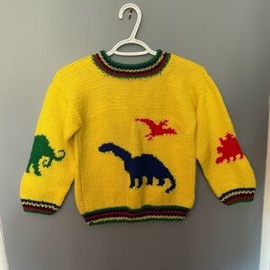 Hand knit colour block dinosaur toddler pull over sweater